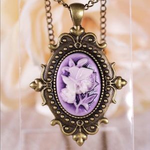 Bronze filigree necklace w purple butterfly cameo